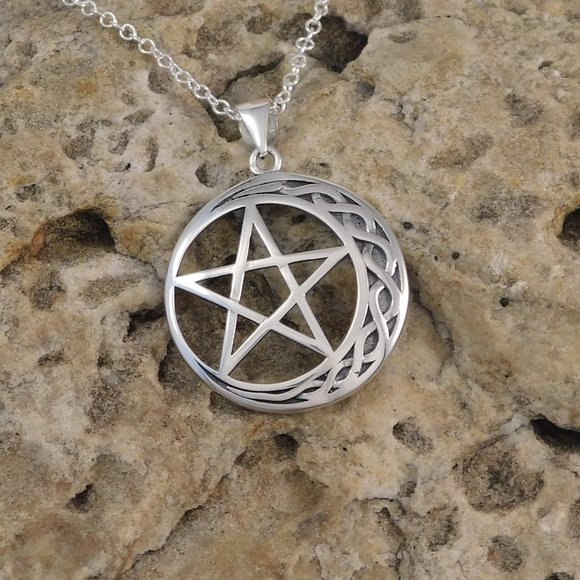 The Irish Gem Jewelry - Wicca Moon and Pentacle 925 Silver Necklace